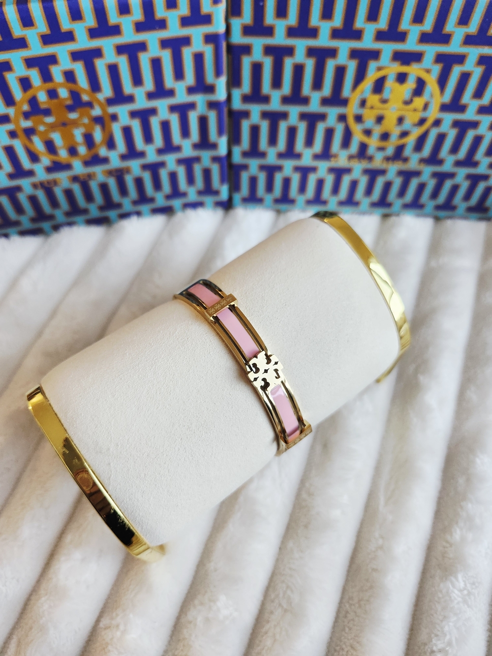 Tory Burch Pink Enamel and Gold Logo Bangle Bracelet